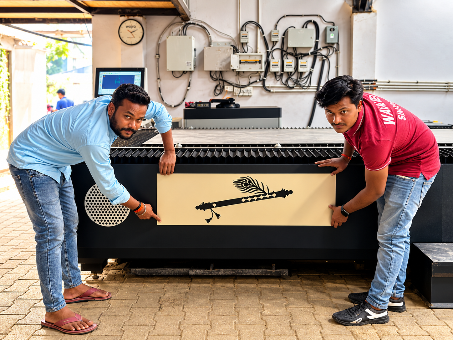 Two team members presenting a decorative laser-cut metal panel in the workshop