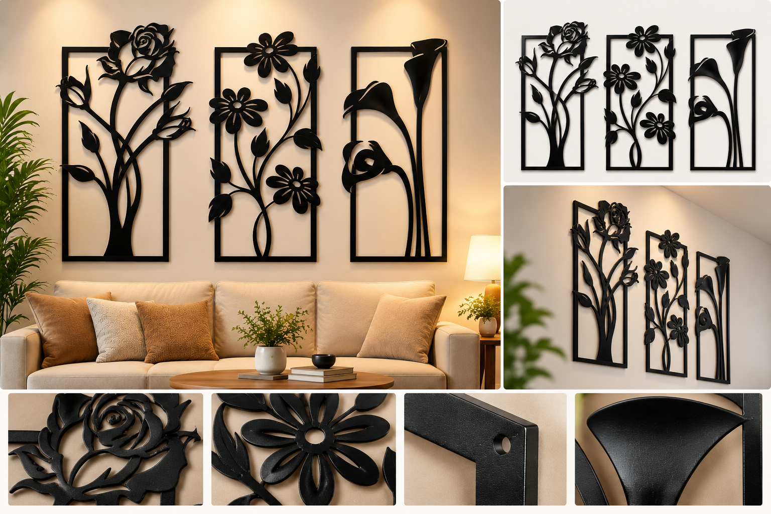 Black Floral Iron Sheet Wall Art – Set of 3